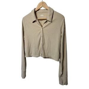 MWL Madewell Brushed Rib Knit Cropped Button Up Collared Long Sleeve Top L Beige